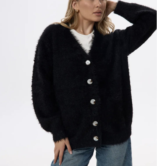 Damen Flauschiger Cardigan mit Perlknöpfen und lockerer Passform R&B