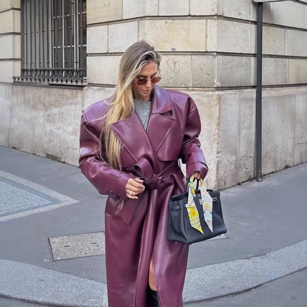 Damen elegante Kunstlederjacke mit voluminösen Ärmeln und Taillengürtel R&B