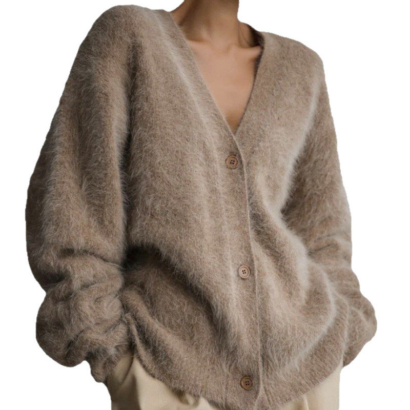 Damen flauschiger Cardigan mit V-Ausschnitt und übergroßem Schnitt R&B