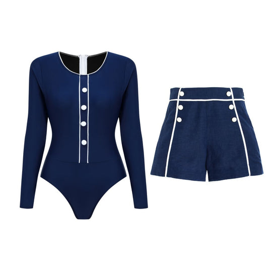 Damen Sportlicher Schwimmanzug mit Langarm und Knopfdetails R&B