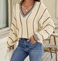 Damen lässiger V-Ausschnitt Pullover mit Streifenmuster