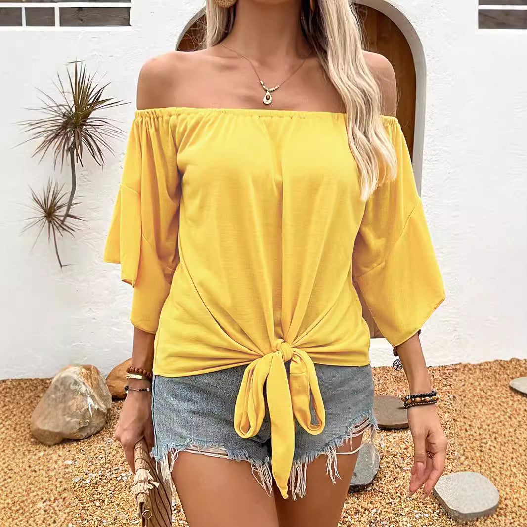 Damen Off-Shoulder Oberteil mit knotenförmigem Design und lässigen Flügelärmeln R&B