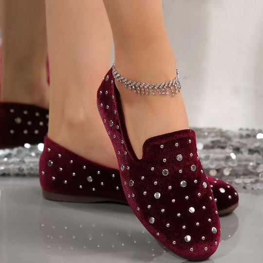 Damen Slip-On Mokassins mit funkelnder Strass-Applikation und eleganter Samtoberfläche R&B