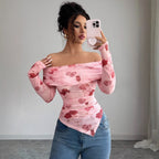 Damen nan schulterfreies gerafftes Langarm-Oberteil aus feinem Mesh mit floralem Print und taillierter Silhouette R&B