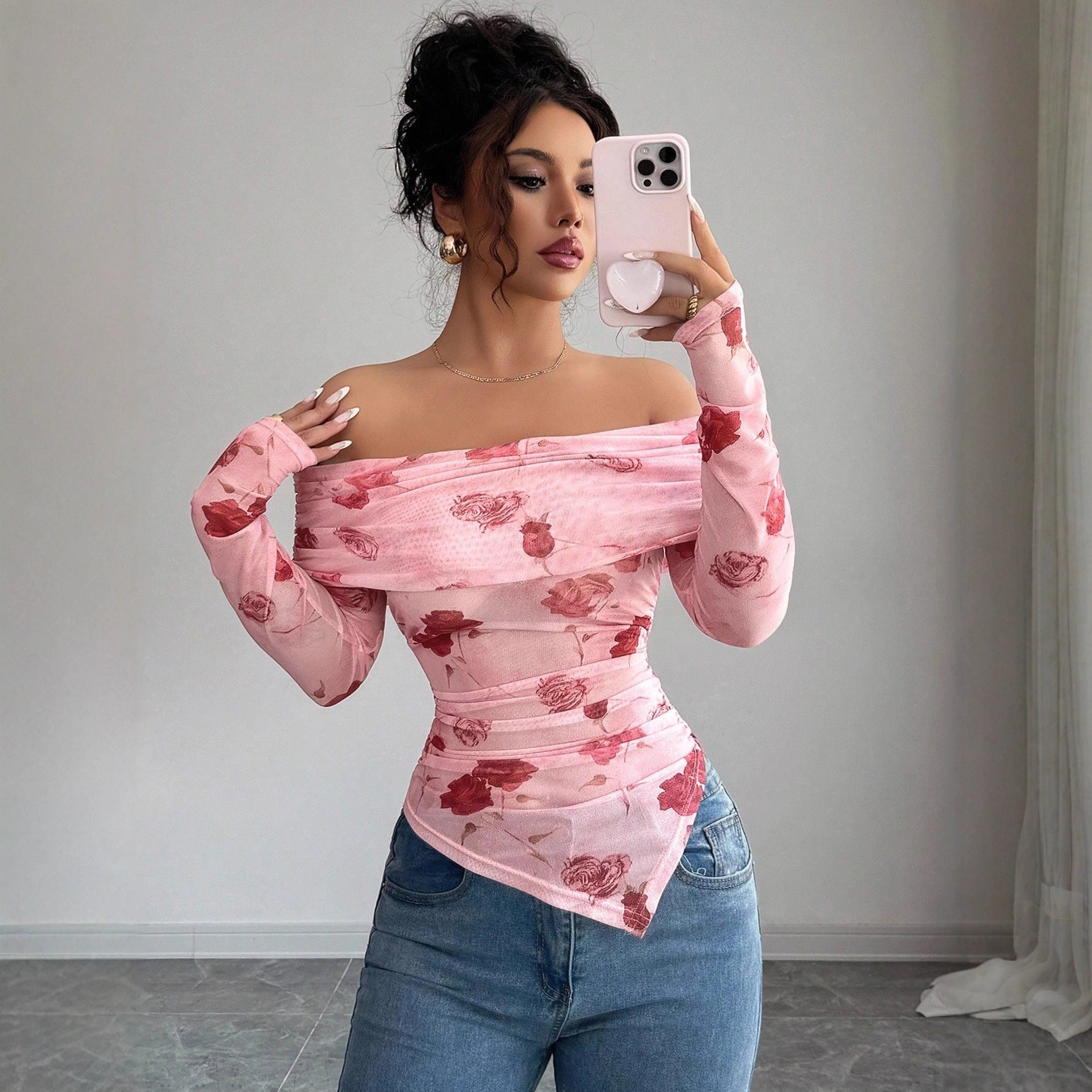 Damen nan schulterfreies gerafftes Langarm-Oberteil aus feinem Mesh mit floralem Print und taillierter Silhouette R&B