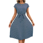Damen Midi Sommerkleid mit bindbarem Taillengürtel und grafischem Muster R&B
