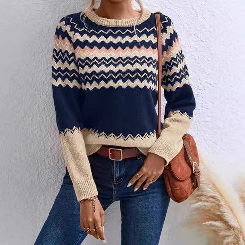 Damen Pullover mit Wellenmuster und klassischem Rundhalsausschnitt R&B