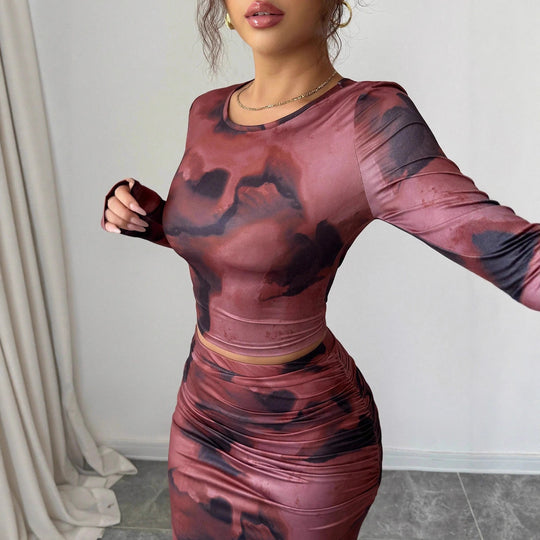 Damen nan zweiteiliges figurbetontes Set aus elastischem Mesh mit langärmligem Crop-Top, Daumenloch und gerafftem Midirock R&B