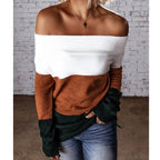Damen schulterfreier Strickpullover mit modernem Farbblockdesign R&B