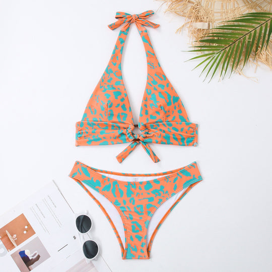 Damen Triangel-Bikini mit verspieltem Knoten-Design und elegantem Strandrock R&B