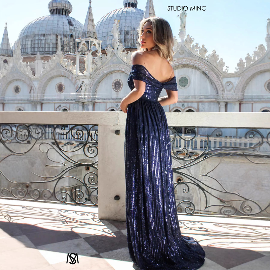 Damen Glitzerndes und schulterfreies Abendkleid mit tiefem Schlitz R&B