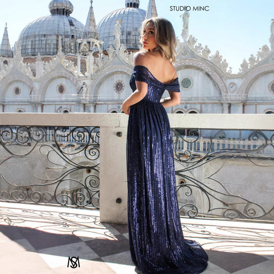 Damen Glitzerndes und schulterfreies Abendkleid mit tiefem Schlitz R&B