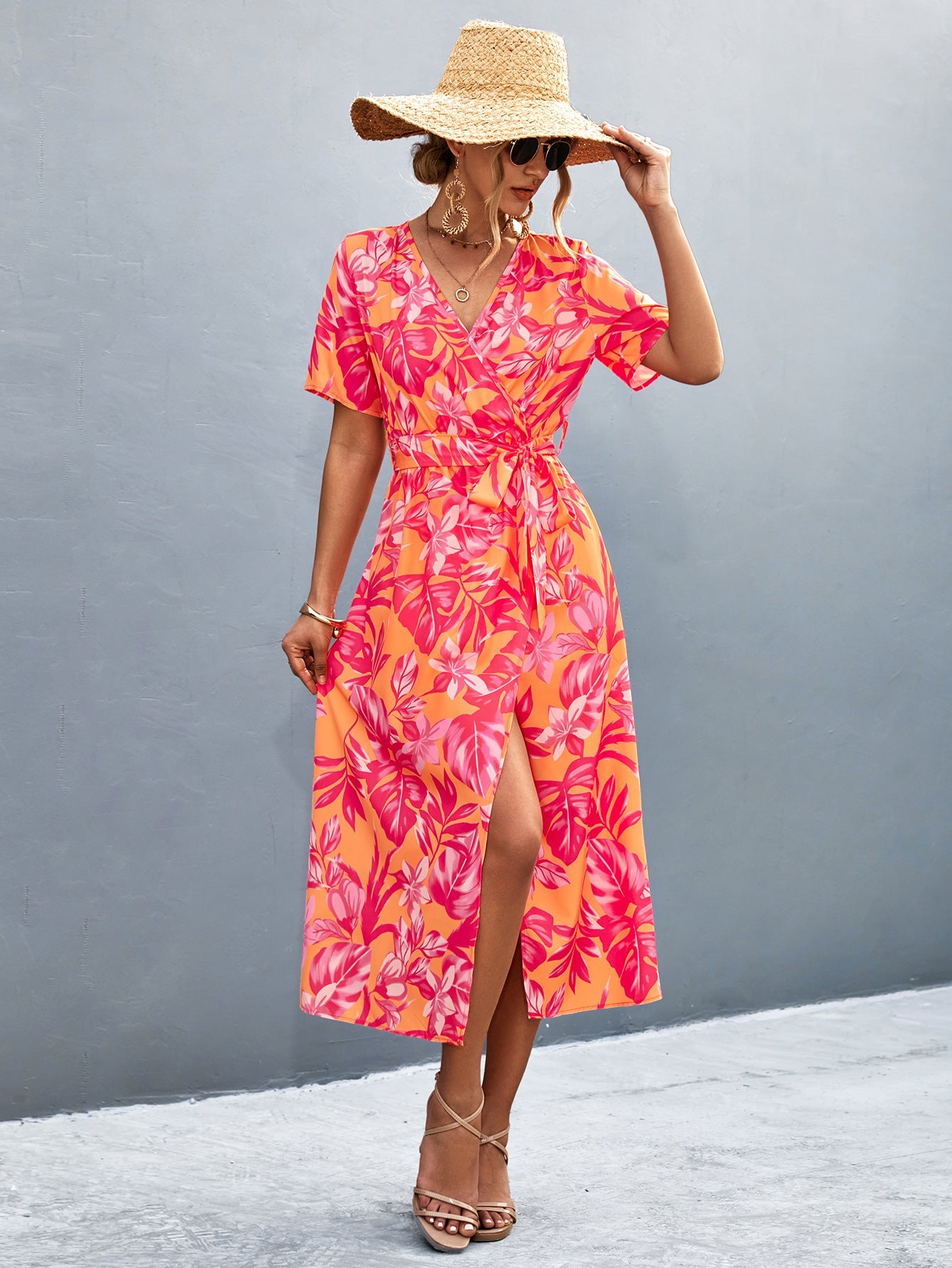 Damen Wickelmaxikleid mit floralem Muster und eleganter Schärpe R&B