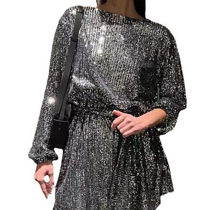 Damen Glamouröses Cocktailkleid mit funkelnden Lurex-Fäden und elastischem Taillengürtel R&B