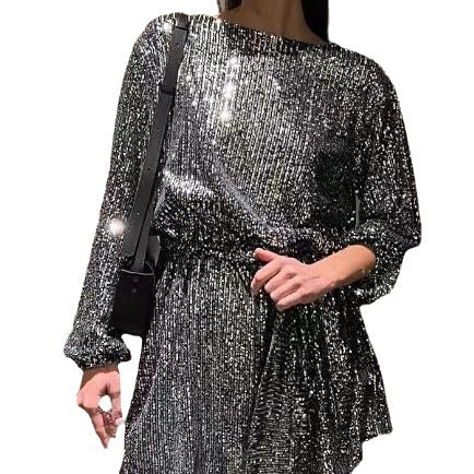 Damen Glamouröses Cocktailkleid mit funkelnden Lurex-Fäden und elastischem Taillengürtel R&B