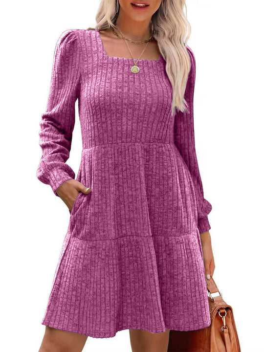 Damen Strickkleid mit modischem Quadrat-Ausschnitt und fließendem Rock R&B