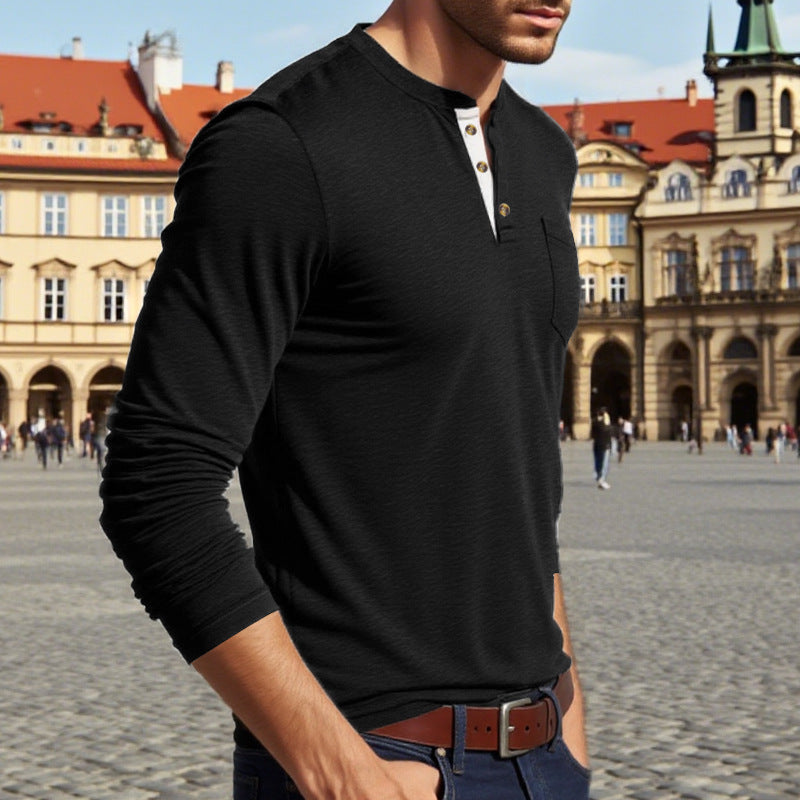 Herren Langarm-Henley-Shirt mit Knopfleiste und eleganten Akzenten R&B