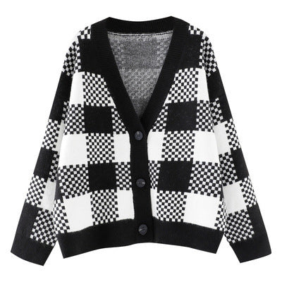 Damen Grobstrick Cardigan mit kontrastierendem Karomuster und Knopfdetails R&B