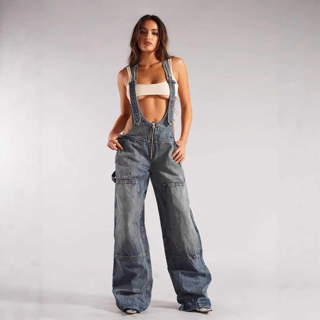 Damen lässige Denim-Latzhose mit oversized Schnitt und praktischen Taschen R&B