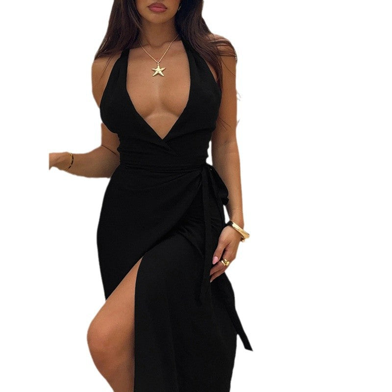 Damen Wickelmaxikleid mit tiefem V-Ausschnitt und eleganter Schleifenbindung R&B