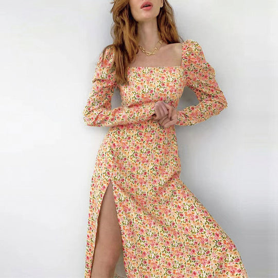 Damen Maxikleid mit ausgefallenem Blumenmuster und langen Puffärmeln R&B