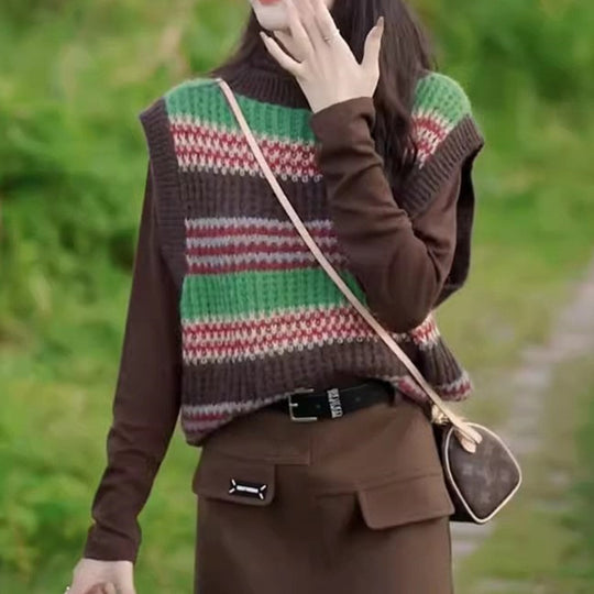 Damen lässiger Strickoversize-Pullover mit buntem Streifenmuster und ärmellosem Design R&B