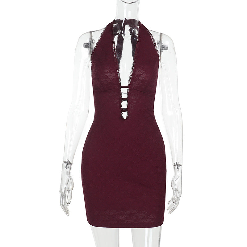 Damen Sexy Mini-Kleid mit tiefem Halterneck und raffiniertem Cut-Out R&B