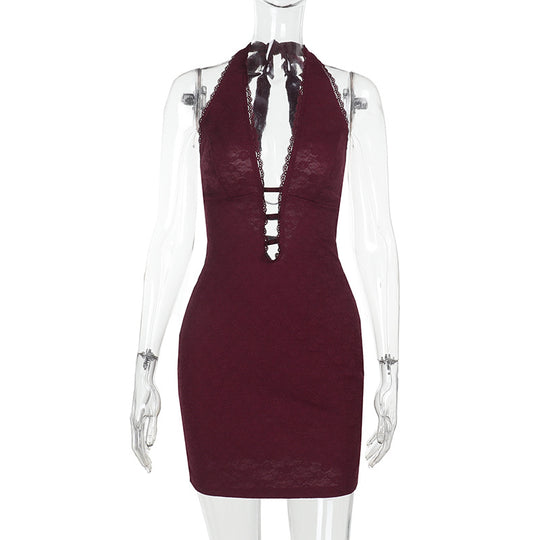Damen Sexy Mini-Kleid mit tiefem Halterneck und raffiniertem Cut-Out R&B