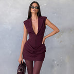 Damen figurbetontes Kleid mit tiefem V-Ausschnitt und tailliertem Design R&B