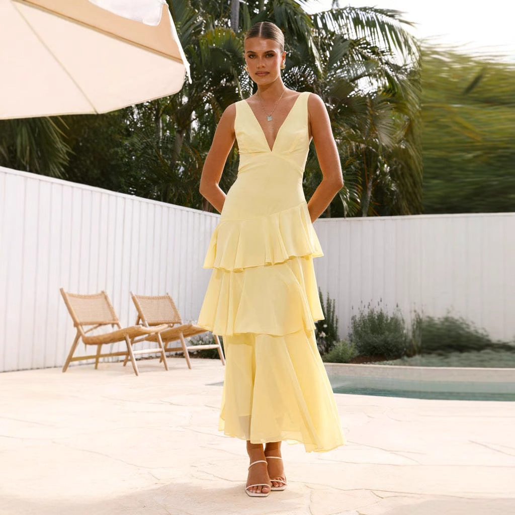 Damen Elegantes Maxikleid mit Volants und tiefem V-Ausschnitt R&B