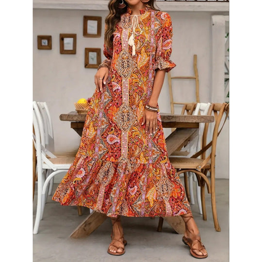 Damen Bohemian Maxikleid mit verspieltem Paisleymuster und Rüschen R&B
