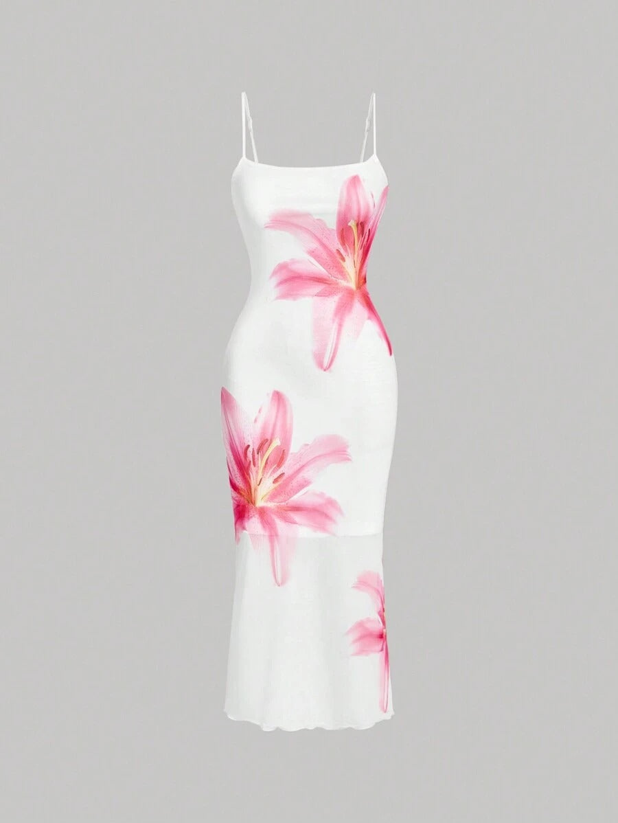 Damen sommerliches Blumenkleid mit feinen Spaghetti-Trägern und fließendem Schnitt R&B