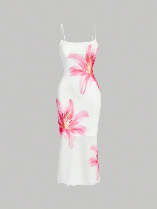Damen sommerliches Blumenkleid mit feinen Spaghetti-Trägern und fließendem Schnitt R&B