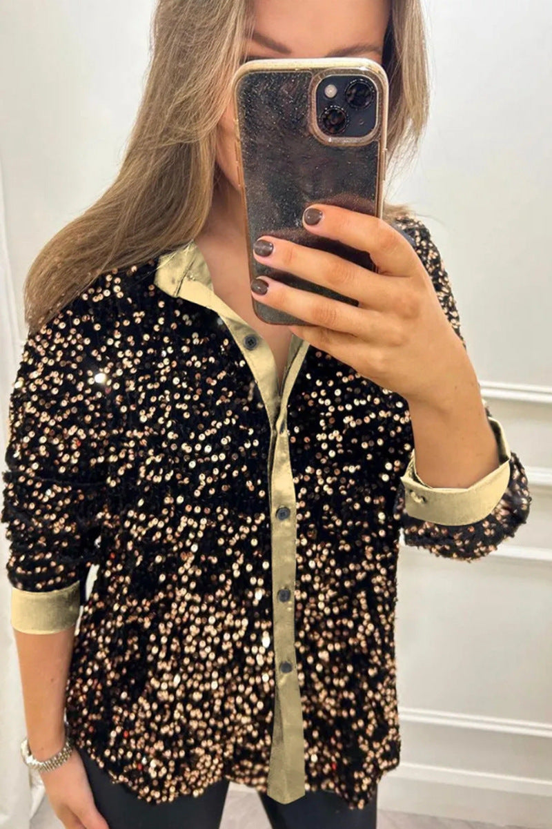 Damen nan glitzernde Pailletten-Hemdbluse mit Kragen, Knopfleiste und elastischen Manschetten R&B