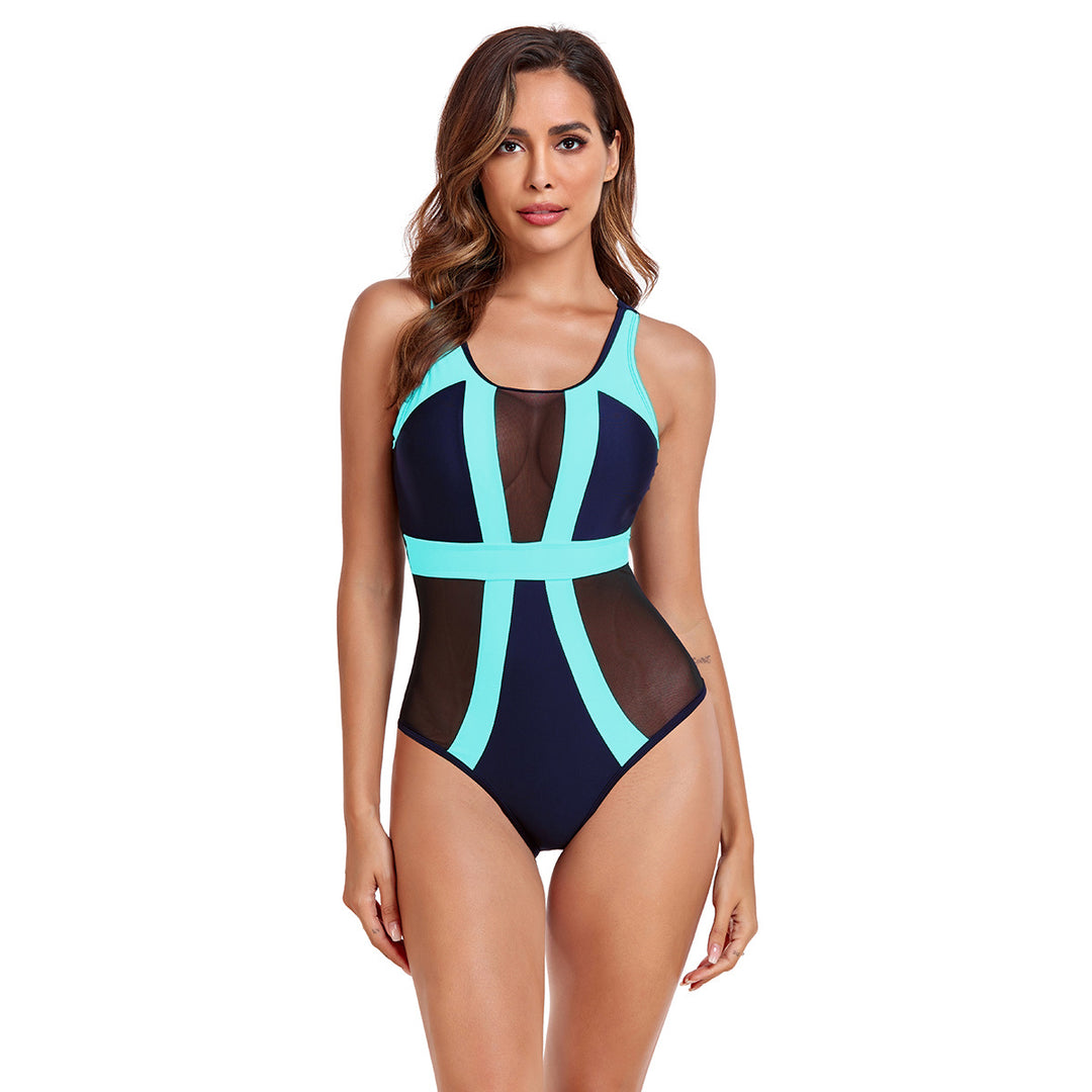 Damen Einteiliger Badeanzug mit transparenten Mesh-Einsätzen und modischem Farbblock R&B