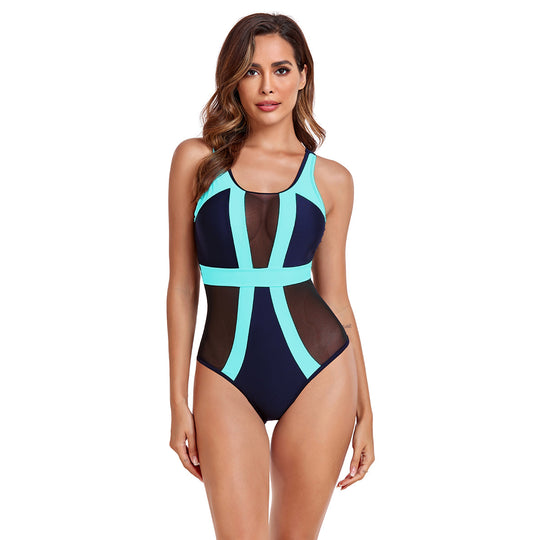 Damen Einteiliger Badeanzug mit transparenten Mesh-Einsätzen und modischem Farbblock R&B