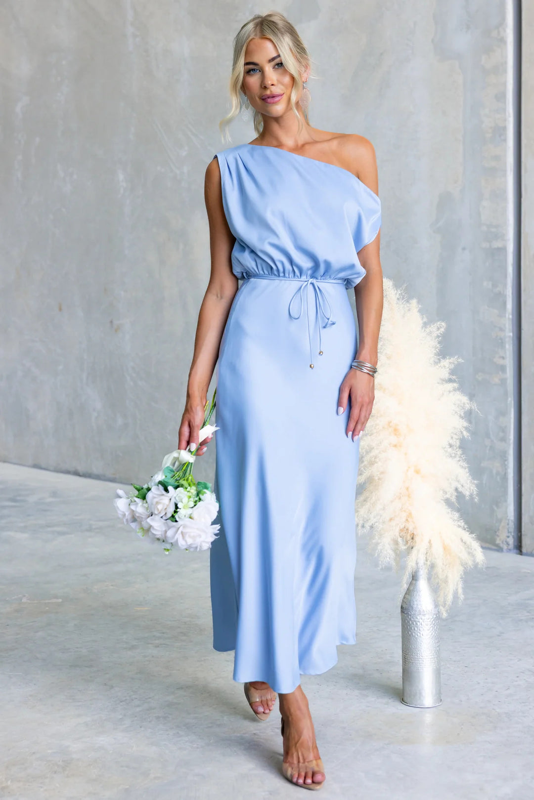 Damen Maxi-Kleid mit schulterfreiem Design und elastischem Taillenbund R&B