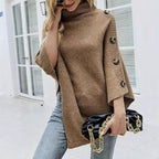 Damen Strickponcho mit hohem Kragen und dekorativen Knöpfen R&B