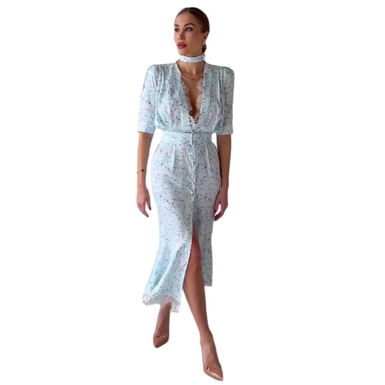Damen Elegantes Midi-Kleid mit schimmerndem Chiffon und tiefem V-Ausschnitt R&B