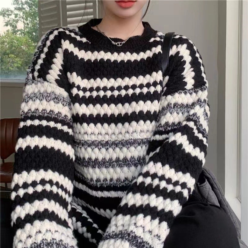 Damen gemusterter Strickpullover mit strukturiertem Gewebe und lässigem Schnitt R&B