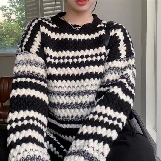 Damen gemusterter Strickpullover mit strukturiertem Gewebe und lässigem Schnitt R&B