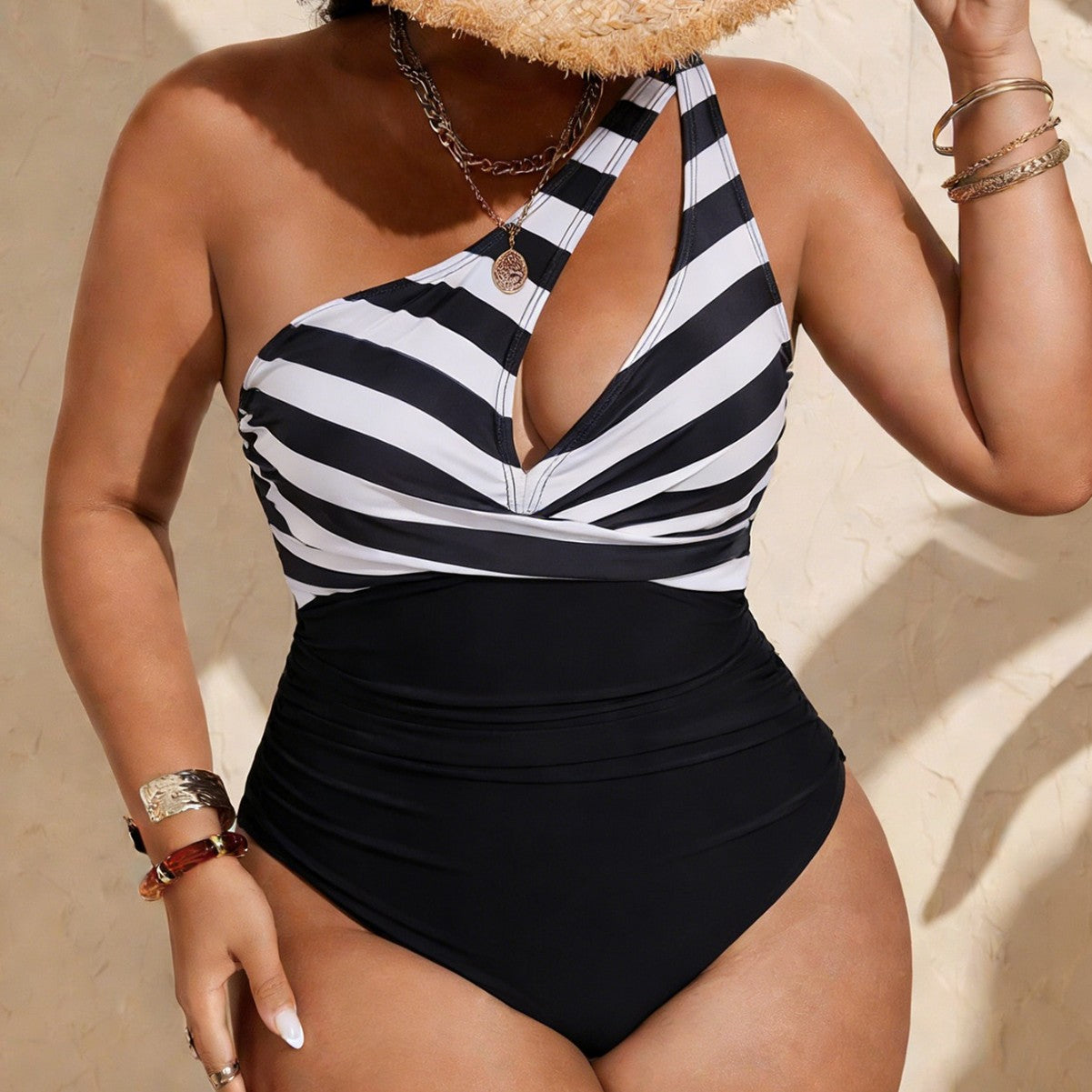 Damen Einteiliger Badeanzug mit modischem Streifenmuster und figurformendem Design R&B