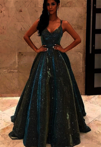 R&B | Damen Spaghettiträger V-Ausschnitt A-Linie Glitzer Maxikleid