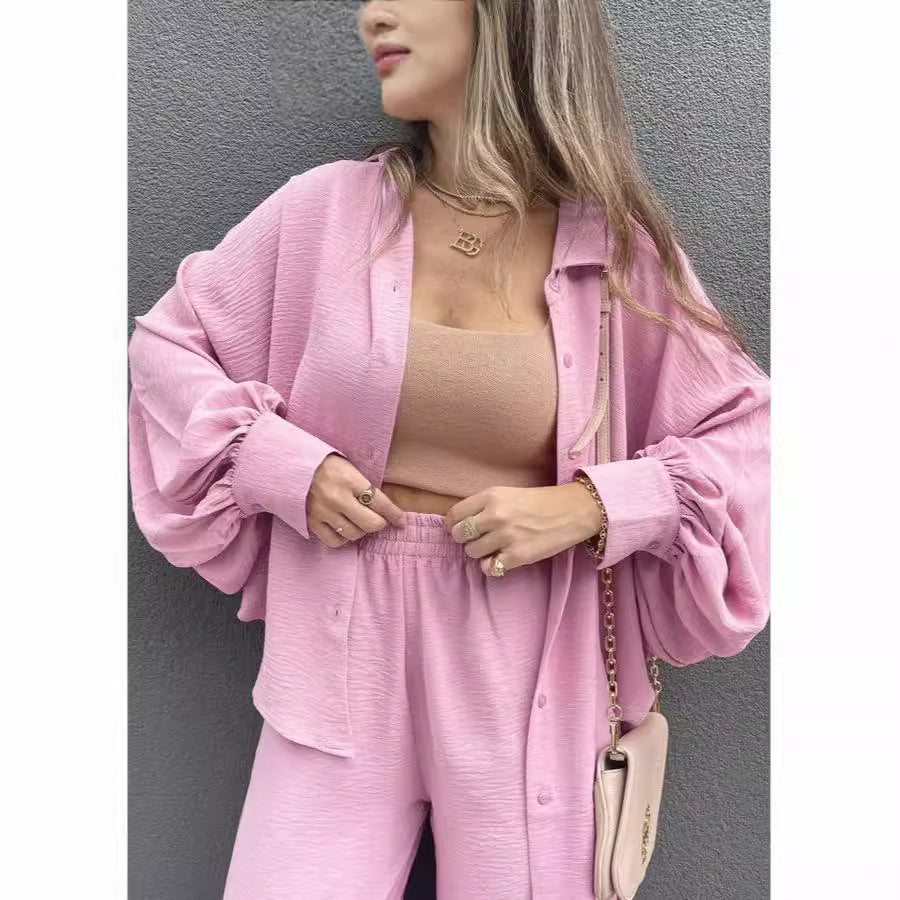 Damen Lässiges Zweiteiliges Set aus luftiger Bluse und weit geschnittenen Hosen R&B