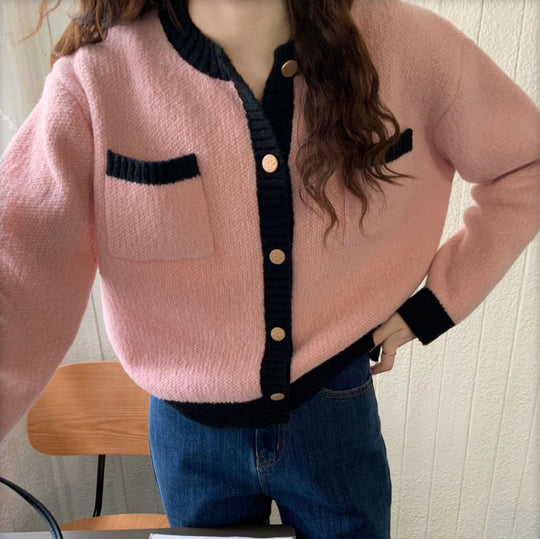 Damen Strickjacke mit hochwertigen Details und modischem Zwei-Farben-Design R&B