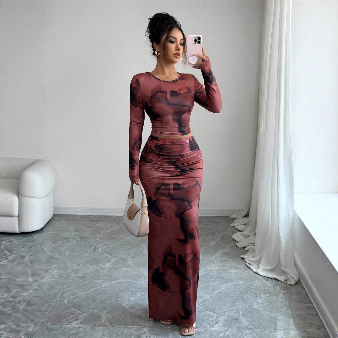 Damen nan zweiteiliges figurbetontes Set aus elastischem Mesh mit langärmligem Crop-Top, Daumenloch und gerafftem Midirock R&B