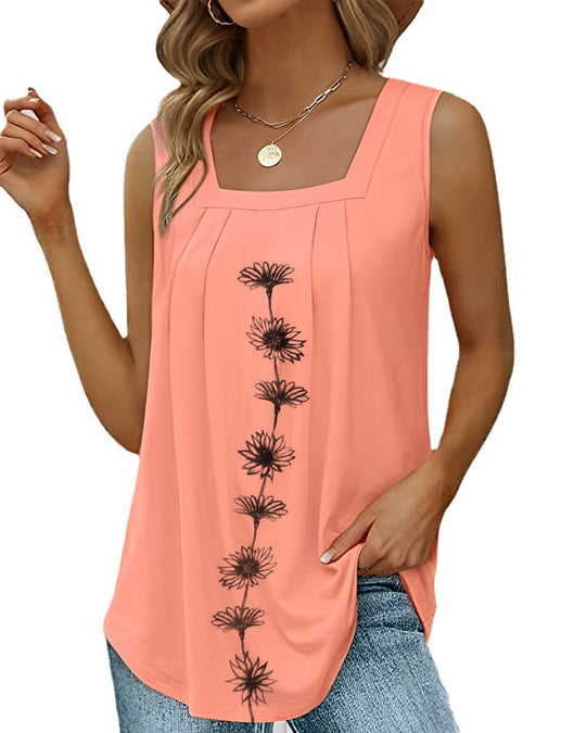 Damen nan ärmelloses Longtop mit quadratischem Ausschnitt, Faltenpassé und mittigem Blumenprint R&B
