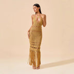 Damen Häkel-Strandkleid mit tiefem V-Ausschnitt und kreativem Cut-Out R&B