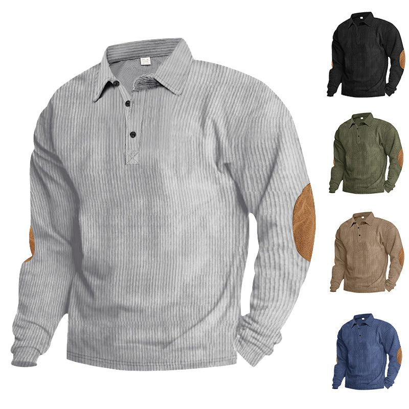Herren lässiges Langarm-Henley-Shirt mit strukturiertem Rippenstoff und kontrastierenden Ellbogenpatches R&B