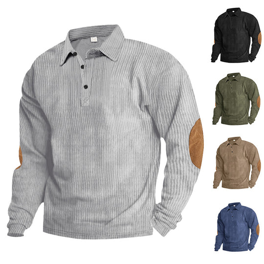 Herren lässiges Langarm-Henley-Shirt mit strukturiertem Rippenstoff und kontrastierenden Ellbogenpatches R&B